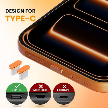 iPhone 17 Pro Max Speaker Protector Cover Accessories - 5PCS USB C Dust Plug & Earpiece Speaker Mesh Adhesive Stickers for iPhone 17 Pro Max / 17 Pro, Type C Charging Port Cover with Tweezer, Orange