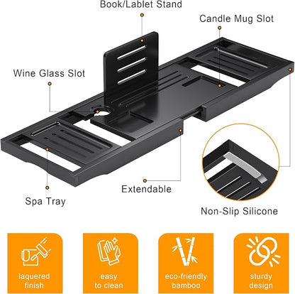 Bathtub Tray Caddy,Premium Bamboo Expandable Bath Tub Trays Table, Foldable Bathroom Accessories,Great House Warming, Anniversary and Birthday Gifts,Black