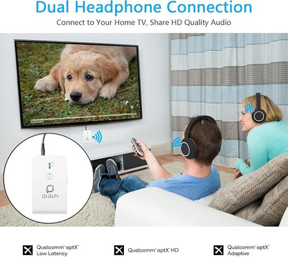 Blutooth 5.3 Receiver & Transmitter, AptX Low Latency, Supports 2 Wireless Headphones or AirPods for Airplane, TV, PC, Gym, Switch, Bluetooth Receiver for Car/Home Stereo (White)