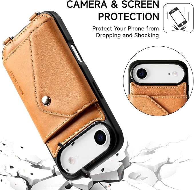 LUCKYCOIN for iPhone Air Crossbody Wallet Case – Genuine Leather Phone Purse with Adjustable Strap and Card Holder,Lanyard Phone Purse Case for Women,Vintage Tan