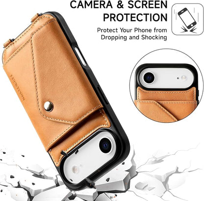 LUCKYCOIN for iPhone Air Crossbody Wallet Case – Genuine Leather Phone Purse with Adjustable Strap and Card Holder,Lanyard Phone Purse Case for Women,Vintage Tan