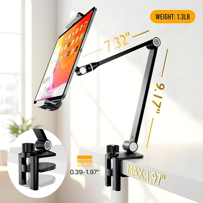Tablet Stand Holder-Adjustable iPad Desk Mount with 360° Rotating Base for 6.3-16" Devices-Foldable Aluminum ipad Arm Mount for Desk,Bed,Kitchen-Compatible with iPhone,iPad,Tablet,Portable Monitor