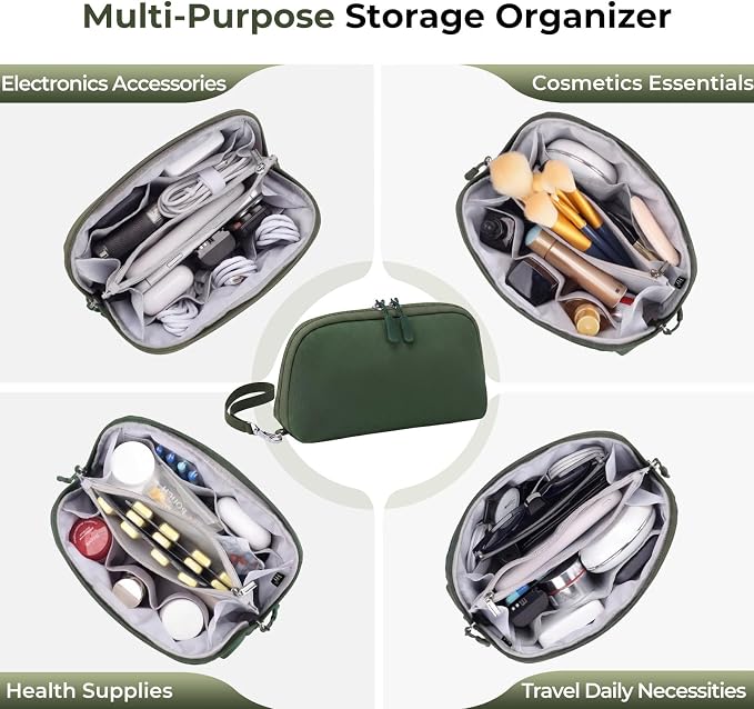 FYY Travel Cable Organizer - 8 Compartments, Lightweight, Water Repellent | With Wrist Strap, Portable Tech Pouch for Cord Charger, Travel and Business Trips Use, Soft Shell Nylon, Green (Medium)