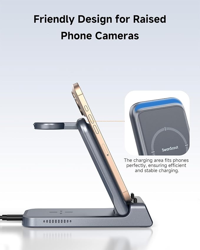 Charging Station for iPhone Air/17, SwanScout 703A, Wireless Charger for iPhone 16/15/14/13/12/11 Series, for Apple Watch 10/Ultra 2/9/8/7/SE 2, for Airpods Pro 3, Foldable and Portable (Tech Grey)