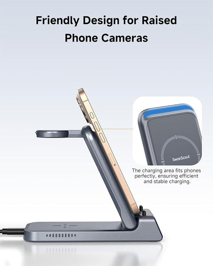 Charging Station for iPhone Air/17, SwanScout 703A, Wireless Charger for iPhone 16/15/14/13/12/11 Series, for Apple Watch 10/Ultra 2/9/8/7/SE 2, for Airpods Pro 3, Foldable and Portable (Tech Grey)