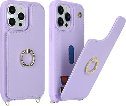 Lipvina for iPhone 13 Pro Case with Card Holder and Strap for Women,Crossbody Lanyard,RFID Blocking,Kickstand Ring Stand,Snap Clasp,Phone Wallet Cases 6.1 inch(Purple)