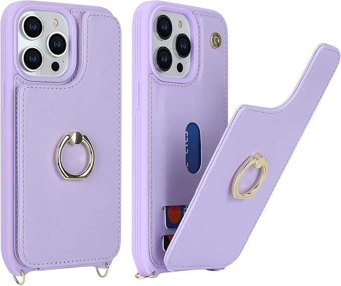 Lipvina for iPhone 13 Pro Max/iPhone 12 Pro Max Case with Card Holder for Women,Crossbody Strap Lanyard,Credit Card Holder,Ring Stand,Snap Clasp,Wallet Case 6.7 inch (Purple)