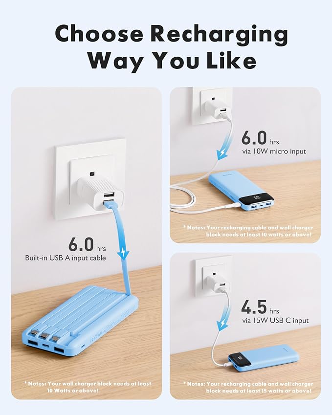 charmast Portable Charger with Reinforced Built-in 4 Cables,10000mAh Power Bank Travel Essentials 6 Outputs 3 Inputs 3A Fast Charging Compatible with iPhone iPad Samsung Google Pixel LG Moto