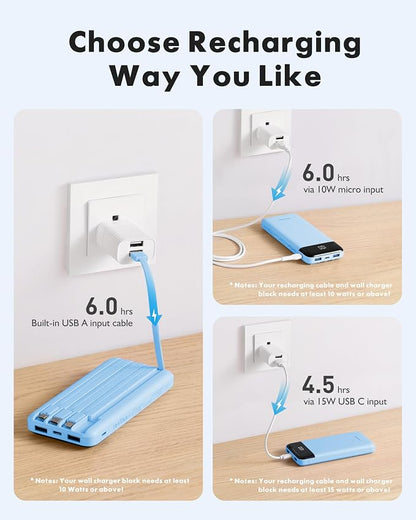 charmast Portable Charger with Reinforced Built-in 4 Cables,10000mAh Power Bank Travel Essentials 6 Outputs 3 Inputs 3A Fast Charging Compatible with iPhone iPad Samsung Google Pixel LG Moto
