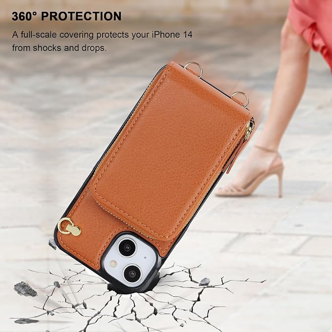 KIHUWEY Crossbody Wallet Case for iPhone 13 iPhone 14, Zipper Pocket Case with Card Holder, PU Leather RFID Blocking Protective Cover Case with Kickstand Detachable Wrist Strap Lanyard 6.1" (Brown)