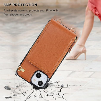 KIHUWEY Crossbody Wallet Case for iPhone 13 iPhone 14, Zipper Pocket Case with Card Holder, PU Leather RFID Blocking Protective Cover Case with Kickstand Detachable Wrist Strap Lanyard 6.1" (Brown)