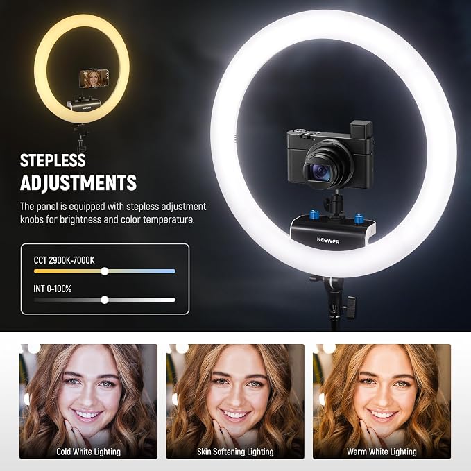 NEEWER 18 inch Ring Light with Tripod Stand and Phone Holder, Ultra Thin Video Ringlight 2900K-7000K TLCI98 App Control, Softer Lighting for Lash Tattoo Makeup Live Stream TikTok, RP18B Pro White