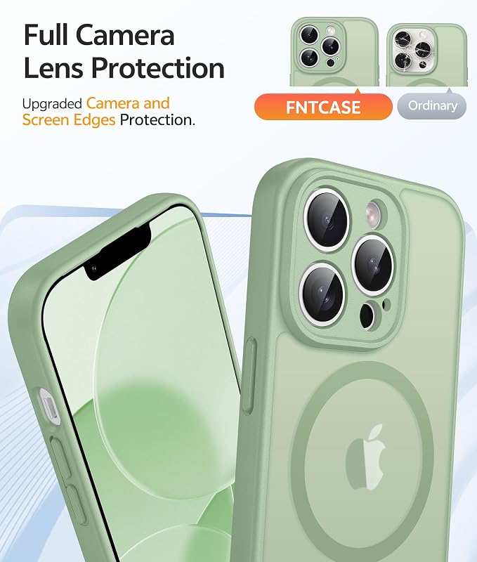 FNTCASE for iPhone 13 Pro Max Case, Fit for Magsafe, Full Camera Protection | Translucent Matte Magnetic Phone Back, 14FT Military Grade Drop Proof, Slim Shockproof Protective Cover, Light Moss