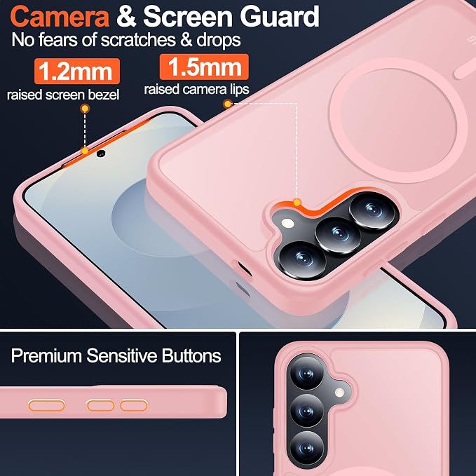 MOZOTER for Samsung Galaxy S25 Case with Magnetic,[Compatible with MagSafe][15Ft Military Dropproof][2*Screen Protector] Translucent Matte Anti-Slip Back Slim Shockproof Case for S25,6.2"(Pink)