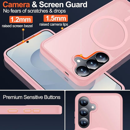 MOZOTER for Samsung Galaxy S25 Case with Magnetic,[Compatible with MagSafe][15Ft Military Dropproof][2*Screen Protector] Translucent Matte Anti-Slip Back Slim Shockproof Case for S25,6.2"(Pink)