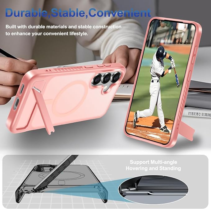 RMOCR for Samsung Galaxy S25 Plus Case with Screen Protector+Lanyard Wrist Strap,Magnetic Translucent Matte Rugged Slim Phone Cover Built in Invisible Kickstand [Fit for MagSafe],2025 Cute Pink