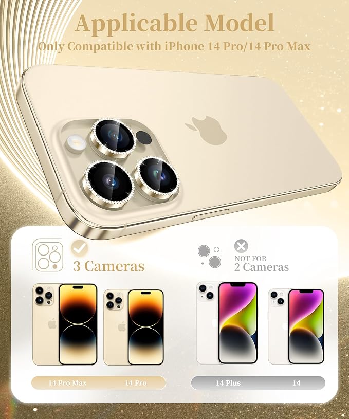 GolbinBox Camera Lens Protector for iPhone 14 Pro/14 Pro Max, 1:1 Invisible Fit, 9H Tempered Glass Ultra HD Metal Individual Camera Cover for Women, Case Friendly, Bling/Gold