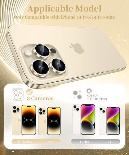 GolbinBox Camera Lens Protector for iPhone 14 Pro/14 Pro Max, 1:1 Invisible Fit, 9H Tempered Glass Ultra HD Metal Individual Camera Cover for Women, Case Friendly, Bling/Gold