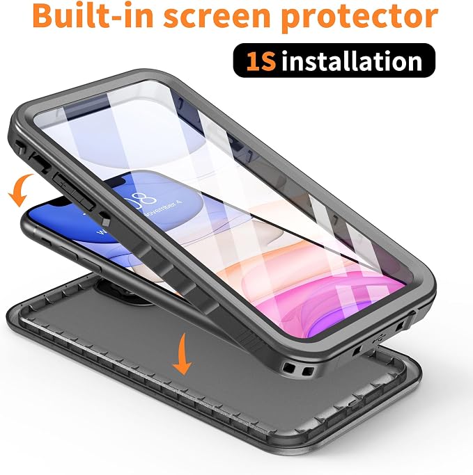 Cozycase Compatible with Waterproof iPhone 11 case, Built-in Screen Protector, Full-Body Rugged Bumper Sealed Case Cover, Shockproof Dustproof Waterproof Case for iPhone 11 6.1 inch (Black)