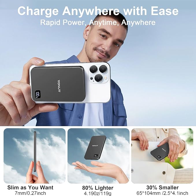 Magnetic Portable Charger 5000mAh, 15W Ultra Slim Wireless Portable Charger, Fast Charging for iPhone 17/16/15/14/13/12 Pro/Pro Max/Plus, Metal Shell, USB-C Cable to Charge Other Phones (Grey)