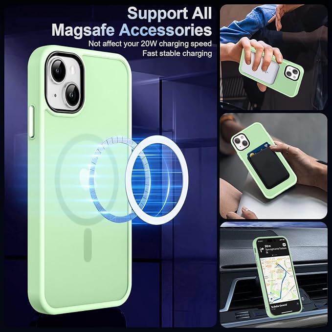 MOCCA Strong Magnetic for iPhone 13 Case, [Compatible with Magsafe][Screen Protector+Camera Lens Protector] Translucent Matte Back Slim Shockproof Case for iPhone 13 Phone Case 6.1", Light Green