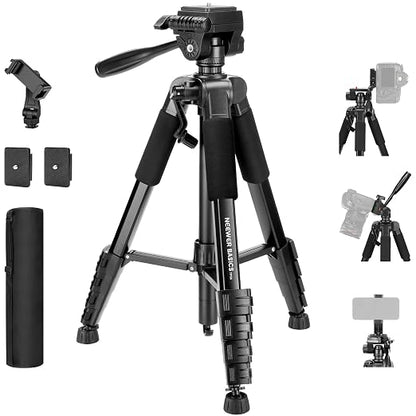 NEEWER Basics Camera Tripod, 74" Tripod with Cell Phone Holder Mount Compatible with iPhone for Video Recording, Professional Aluminum Lightweight Portable Travel Stand with 3 Way Pan Tilt Head, TP56