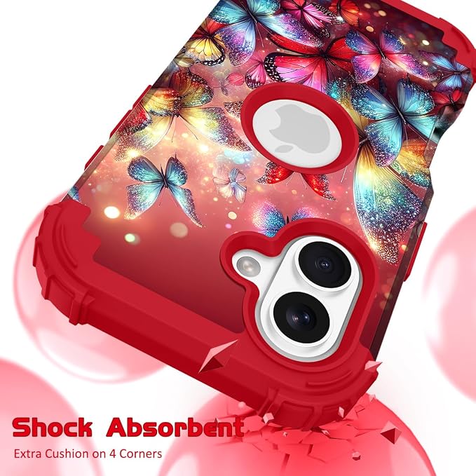 Hocase for iPhone 16 Case 6.1", Heavy Duty Shockproof Protection Soft Silicone Rubber+Hard Plastic Bumpers Hybrid Protective Case for iPhone 16 2024 - Shimmering Butterflies in Red