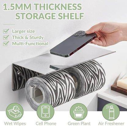 APLusee Double Toilet Paper Holder with Phone Shelf, 304 Stainless Steel Bathroom Tissue Hanger, Wall Mounted Dual Roll Paper Dispenser, Polished Chrome