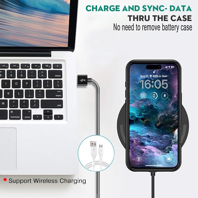 Wireless Charging Case for iPhone 16, 10000mAh High Capacity Portable Rechargeable Protective Extended Battery Case Qi Wireless Charging with iPhone 16(6.1 inch) Extended Battery Charger Case (Black)