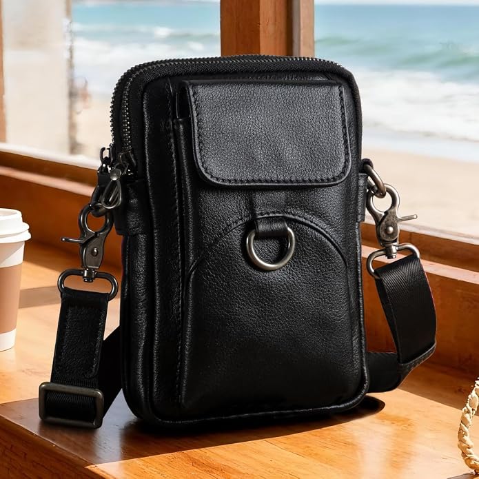 Augus Genuine Leather Small Crossbody Bag Cell Phone Messenger Purse Shoulder Waist Bag for Daily Use for Women and Men
