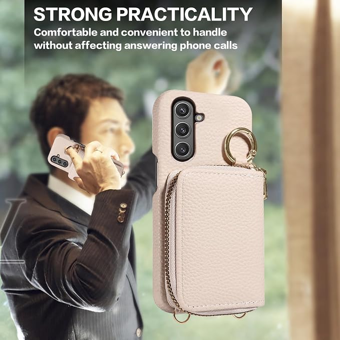 Wallet Case for Samsung Galaxy A54 5G with Shoulder Strap Ring Buckle, Luxury PU Leather Zipper Flip Organ Purse, Card Holder Stand Full Body Phone Cover for A545G A 54 54A 4G G5 SM A546U White