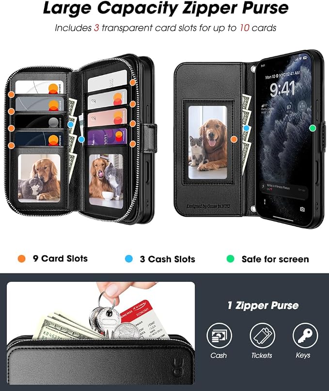 OCASE for iPhone 17 Pro Max Crossbody Wallet Case - Stylish PU Leather Handbag Phone Purse with Zipper Closure, Card Slots & RFID Blocking - Wrist Strap, Lanyard, Kickstand -, Black