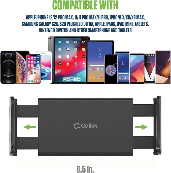Cellet Upgraded Car Headrest Phone Holder – 360° Rotating Back Seat Mount for Smartphones & Tablets, Universal Hands-Free Cradle for Travel Entertainment