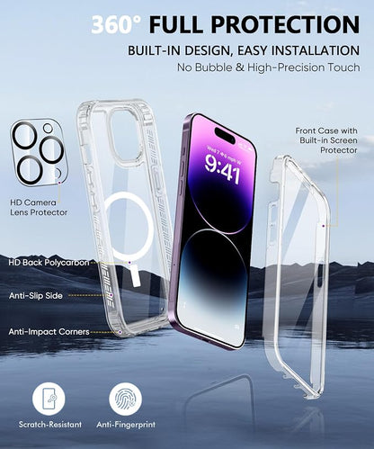 Compatible with iPhone 14 Pro Case Clear, Built-in Screen Protector, with Camera Lens Protector, [Compatible with MagSafe] Full Body Phone Case, Magnetic Protective Cover for 14Pro 6.1" (Clear)