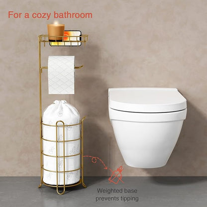 Goozii Gold Free Standing Toilet Paper Holder Stand with Phone Shelf, Floor Bathroom Tissue Holder for Large Mega Rolls, Metal Freestanding Toilet Paper Roll Holder with Wipes Storage Tray