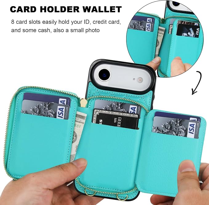 Bocasal Crossbody Wallet Case for iPhone 17 Air, RFID Blocking PU Leather Zipper Handbag Purse Flip Cover, Kickstand Folio Case with Card Slots Holder Wrist Strap Lanyard 5G 6.5 Inch (Mint Green)