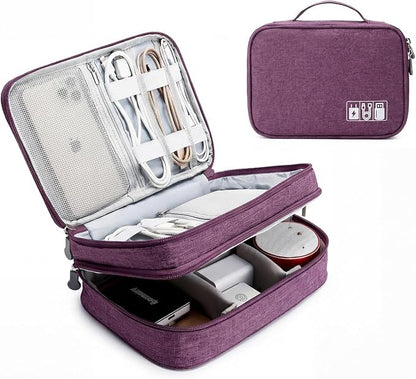 Mygreen Electronic Accessories Organizer Bag, Waterproof Double Layer Travel Storage Case with Adjustable Padded Dividers, Portable Hard Pouch for Cables, Charger, Power Bank, Phone, Hard Drive Purple