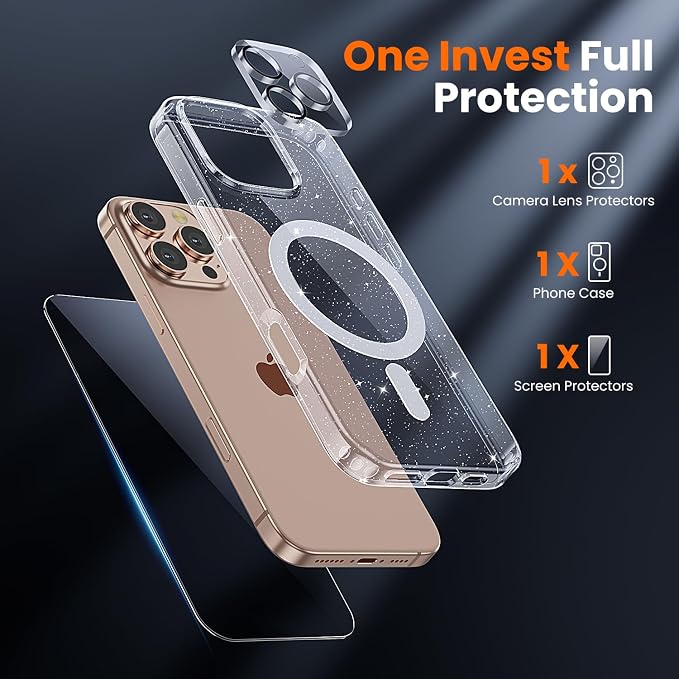 3 in 1 for iPhone 16 Pro Max Case Clear with MagSafe, Not Yellowing, Screen Protector*1 Camera Lens Protector*1, Protection for iPhone 16 Pro Max Phone Case 6.7 inch Clear Glitter