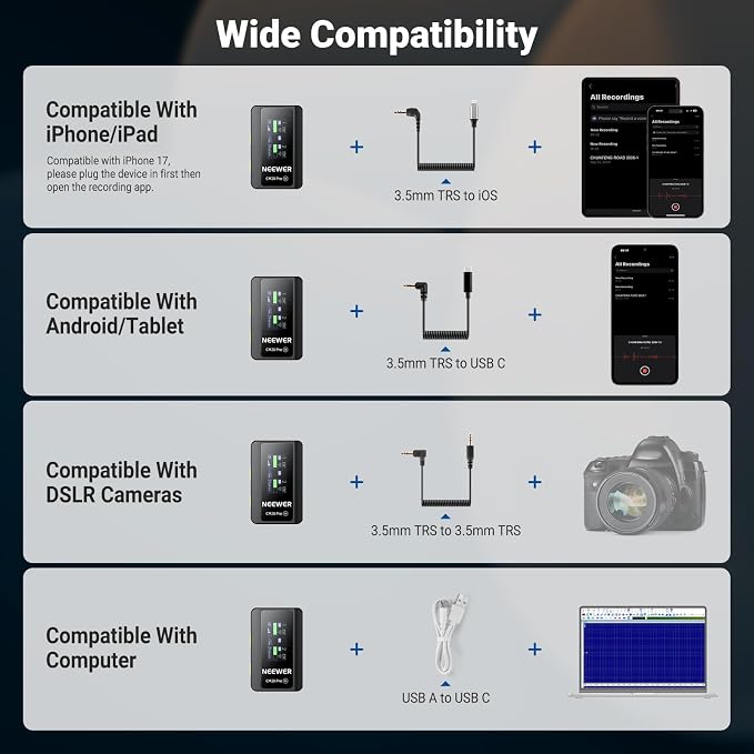 NEEWER CM28 PRO Wireless Lavalier Lapel Microphone System with Charging Case 48KHz 16 Bit Uncompressed Audio Noise Canceling 4GB Storage 9Hrs Recording Compatible with iPhone iPad Android Camera PC