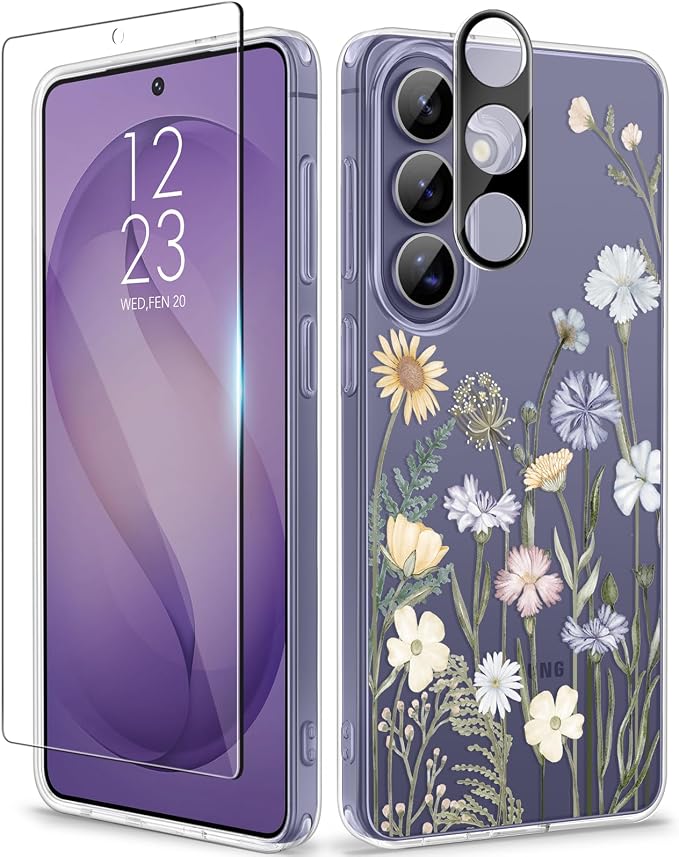 GVIEWIN for Samsung Galaxy S26 Case, Clear Floral Slim Shockproof Protective Women Phone Case, Non-Yellowing, with Screen Protector & Camera Lens Protector for Galaxy S26 6.3", Vibrant Spring
