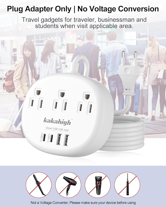European Travel Plug Adapter, European Extension Cord 3FT | EU Outlet Adapter with 3 USA Outlets and 4 USB, Type C Plug Adapter for Most of Europe Iceland Spain Italy France Germany etc