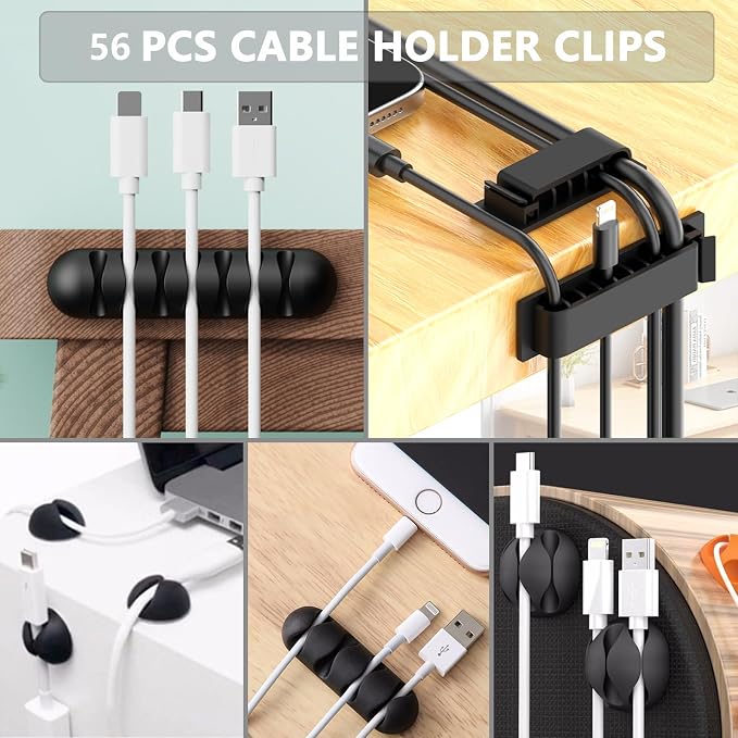 ELII 302PCS Cable Management Kit 4 Cable Sleeve,45Cable Clips | 11Cable Holders,22 Roll Cable Organizer Straps,200 Fastening Cable Ties,20 Cable Zip Tie Mounts, Computer, Under Desk