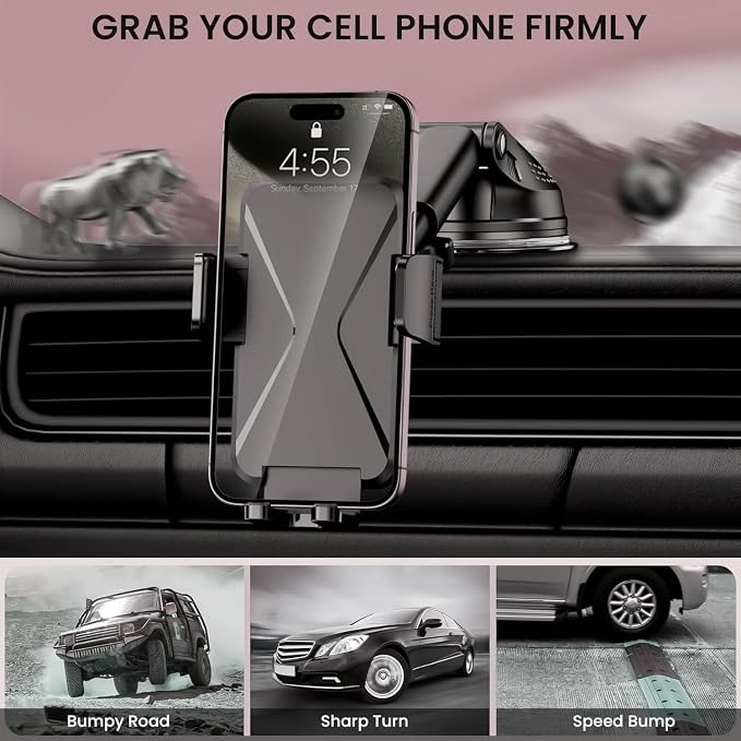 Universal Car Phone Mount Holder [3-in-1 Suction Cup] for Dashboard Windshield Air Vent, Military-Grade Adhesive Phone Car Mount, One Hand Release for iPhone Samsung Android Smartphones