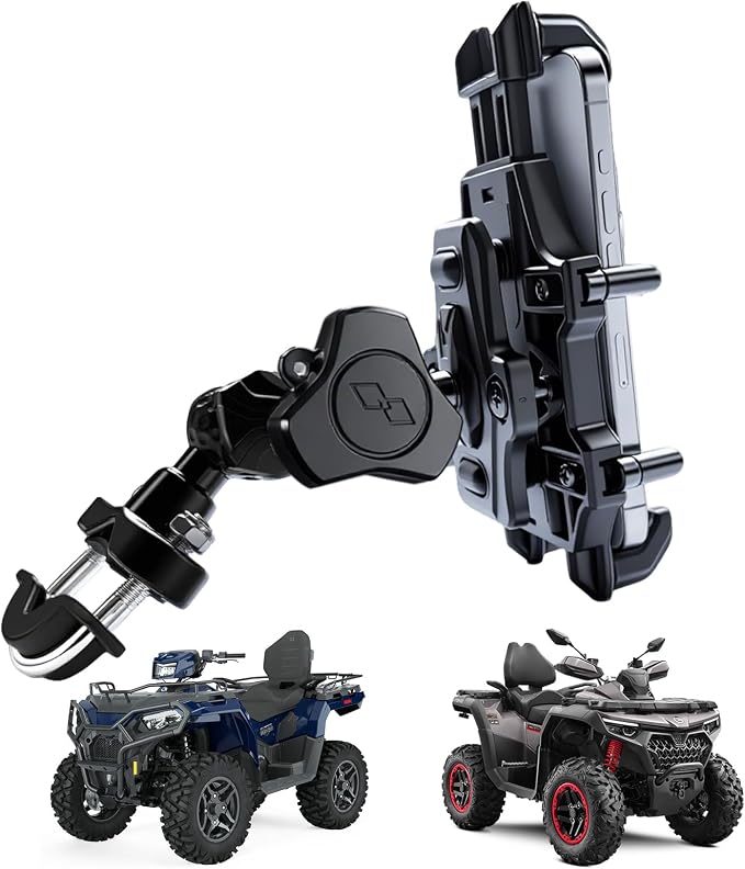 QYMOTO ATV Phone Holder Mount,Motorcycle Handlebar Phone Mount,4 Wheeler Anti Vibration 360 Cell Phone Holder Clamp Fit CFMOTO Cforce,Polaris Sportsman,Can am Outlander Adjustable Fit 4.7"-7.1'' Phone