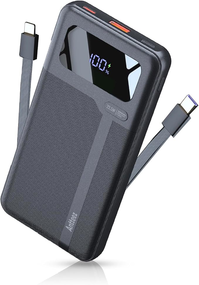 Antteez Portable Charger with Built in Cable - 10000mAh Fast Charging 22.5W Power Bank USB C LED Display Travel Battery Pack 4 Outputs & 2 Inputs for iPhone Samsung iPad Phones Tablets