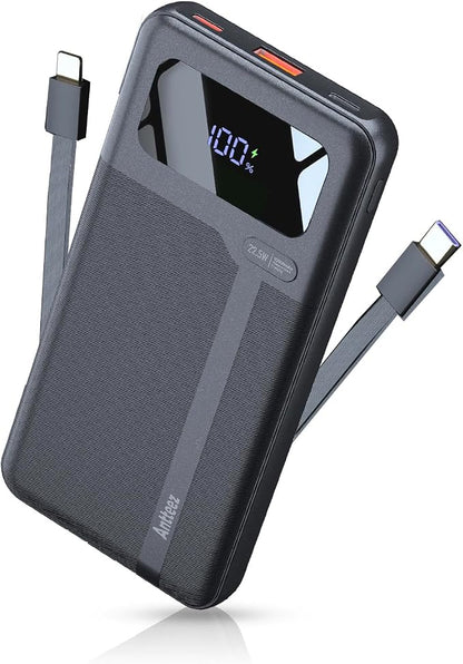 Antteez Portable Charger with Built in Cable - 10000mAh Fast Charging 22.5W Power Bank USB C LED Display Travel Battery Pack 4 Outputs & 2 Inputs for iPhone Samsung iPad Phones Tablets