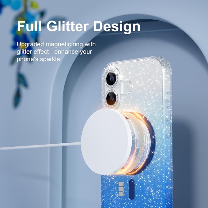 Choiche Magnetic for iPhone 17 Case Compatible with MagSafe, Women Cute Glitter Sparkly Phone Case with Diamond Camera Lens Protectors, Military-Grade Drop Protection 6.3" (Clear/Blue)