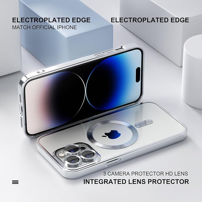 Misea Magnetic for iPhone 14 Pro Max Case Compatible with MagSafe [Never Yellowing] [Military Grade Drop Protection] Full Camera Lens Protector Plating Soft Clear Phone Case for Women Girls, Silver