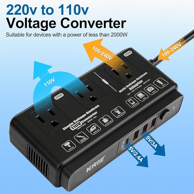 220v to 110v Travel Voltage Converter: International Universal Voltage Black Converter US to Europe Power Strip Plug Transformer - 2000W Electric Hair Dryer Step Down Outlet Converters for European UK