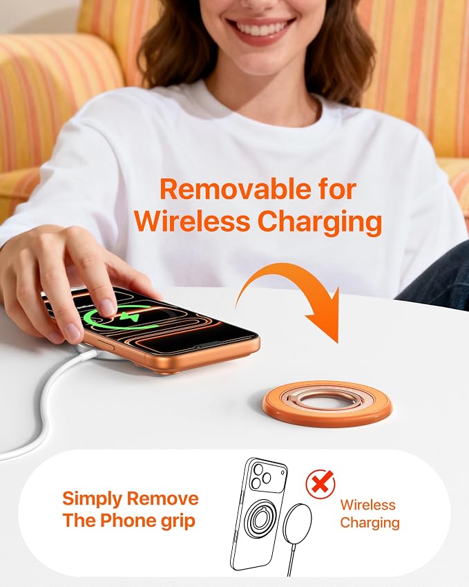 andobil [2026 3rd Gen] Magnetic Phone Grip for MagSafe [Sability Max] Stronger Two-Sided Magnet Cell Phone Ring Holder Compatible with MagSafe Accessories, iPhone 17 Pro Max Air 16 15 14 13 12, Orange